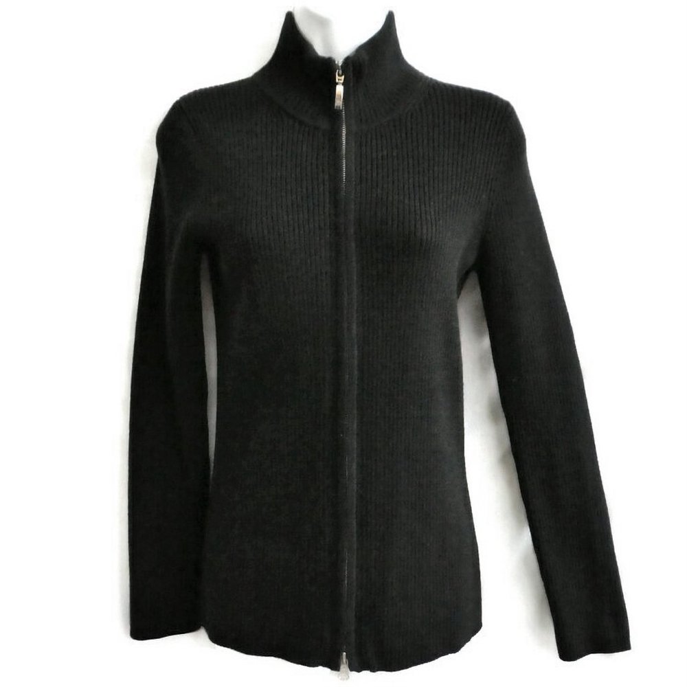 Eddie Bauer Sweater Mock Full Zip Pima Cotton Blend Ribbed Black Silvertone Pull - Picture 1 of 7